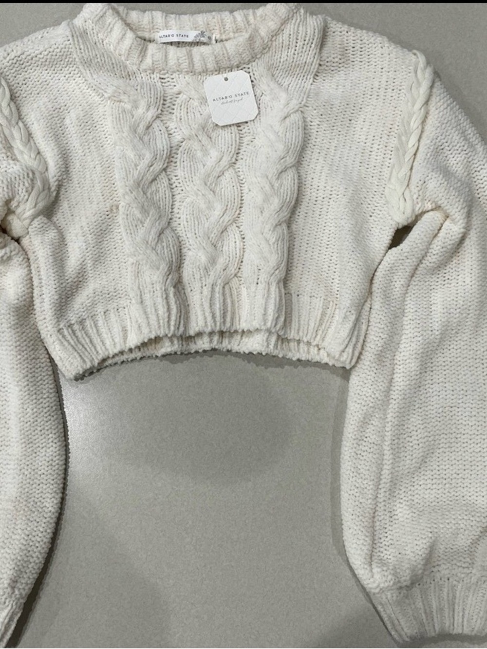 Altar'd State Ivory Cable-Knit Cropped Crew Sweater NWT